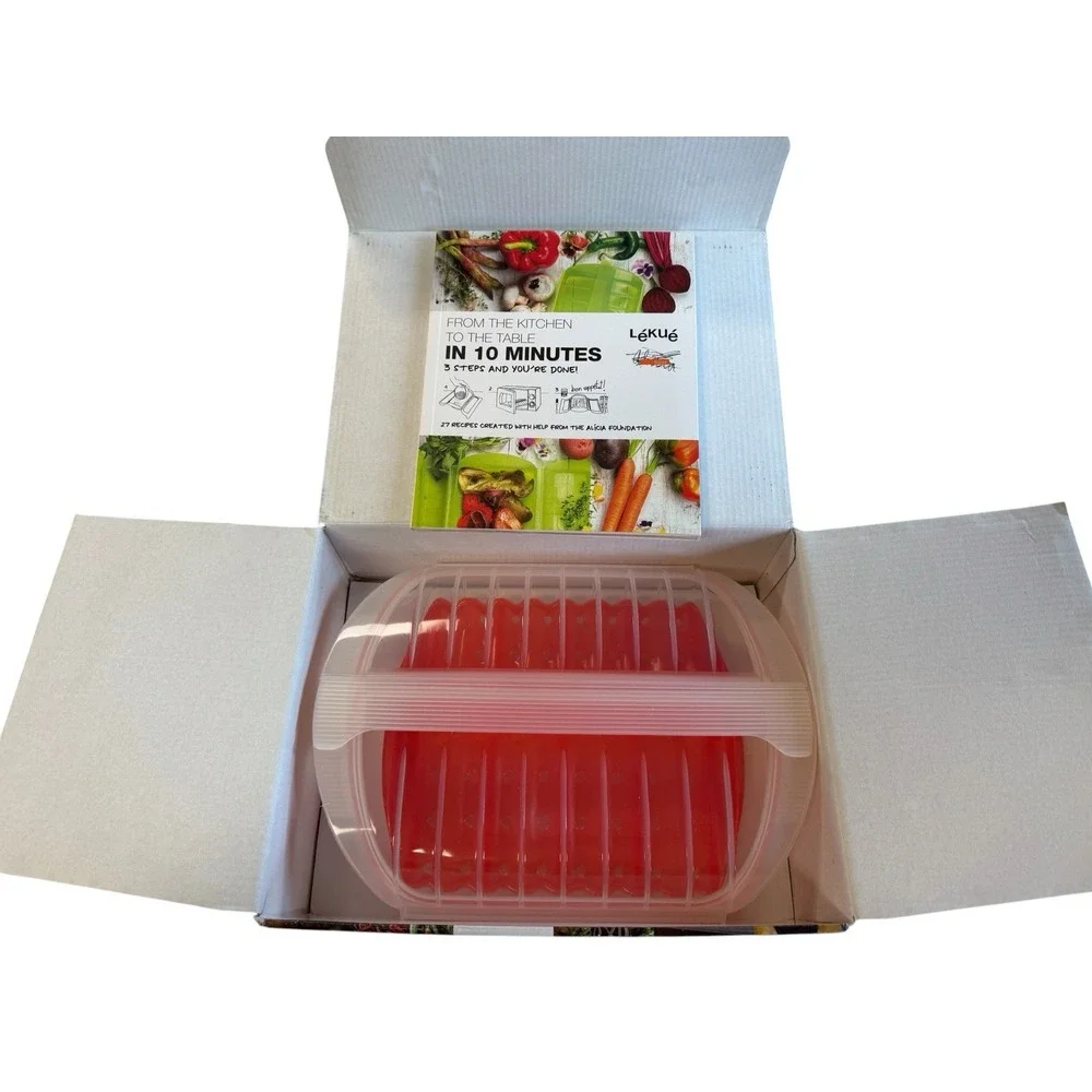Lekue Microwave Steam Case 3-4 Person Silicone Steamer Draining Tray Red New